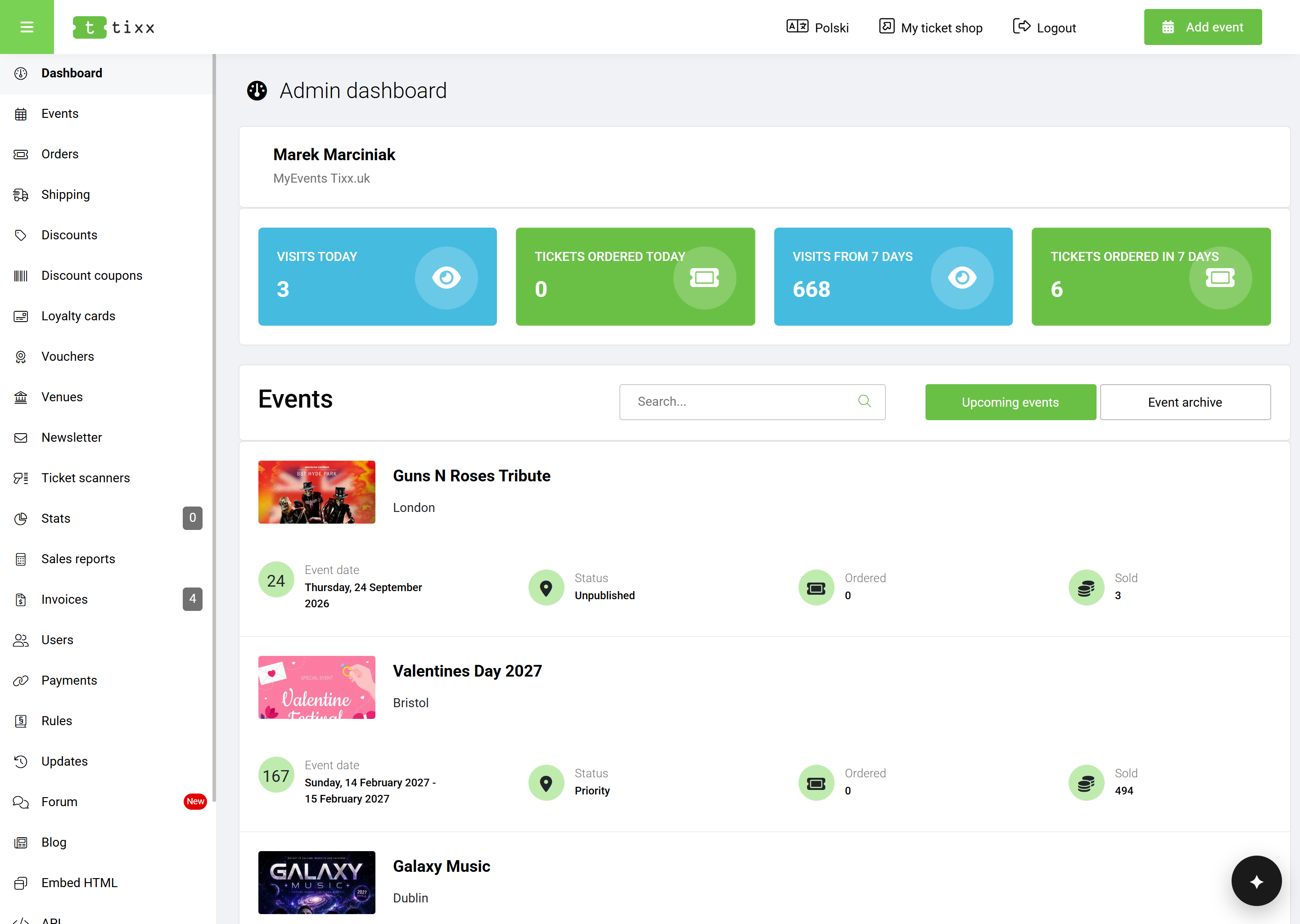 Tixx organiser dashboard — events, orders and live sales