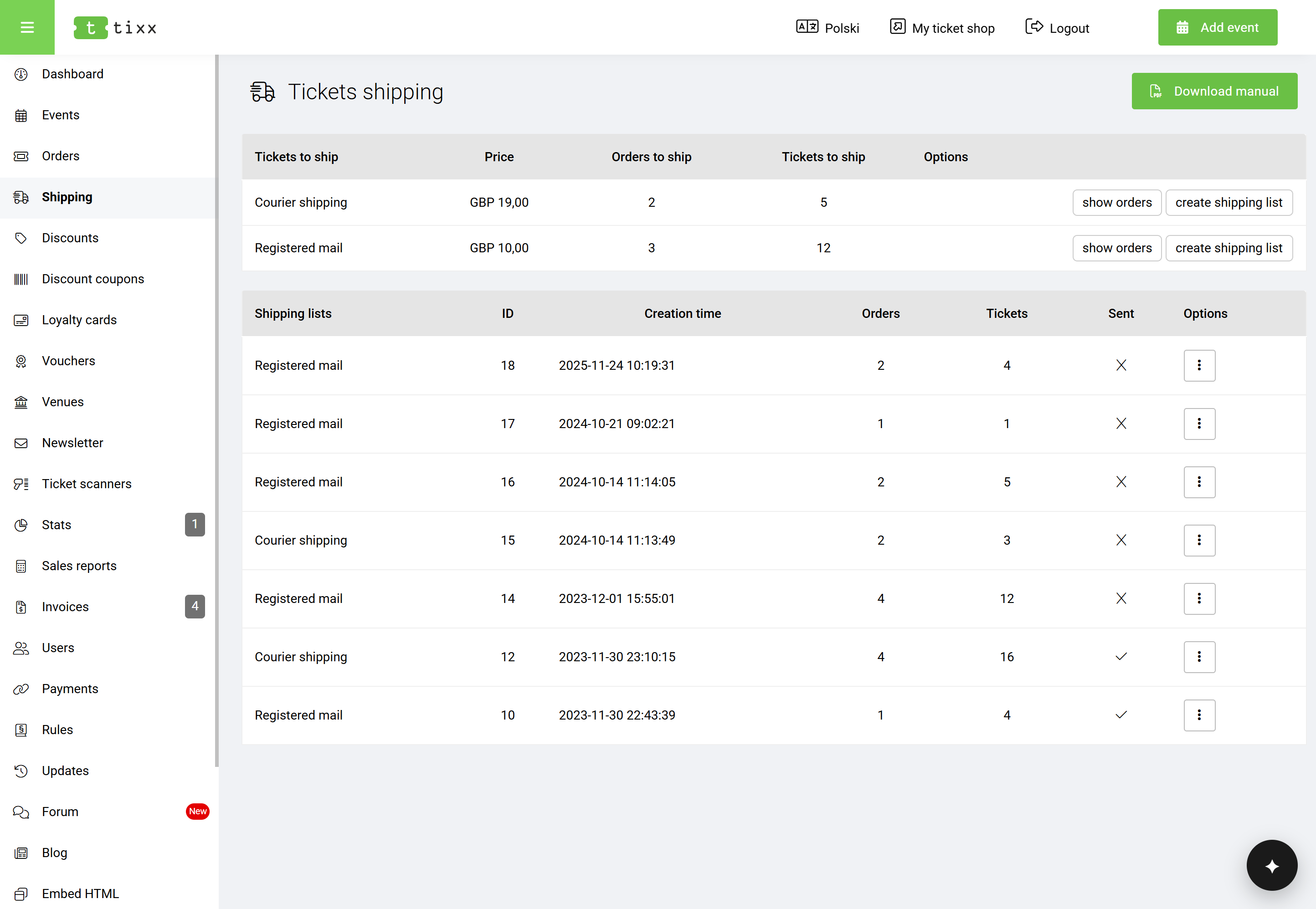 Ticket shipping lists in the organiser panel
