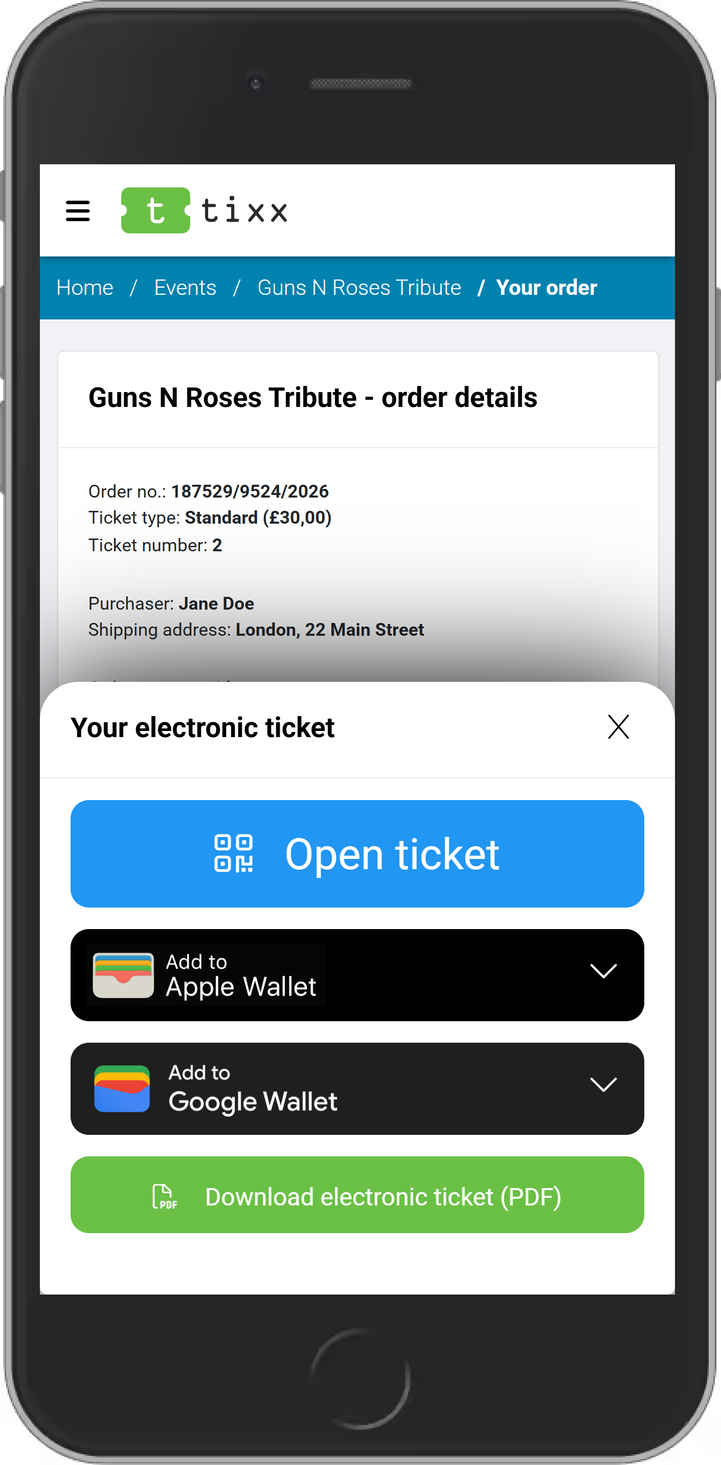 Order page with Add to Apple Wallet and Add to Google Wallet