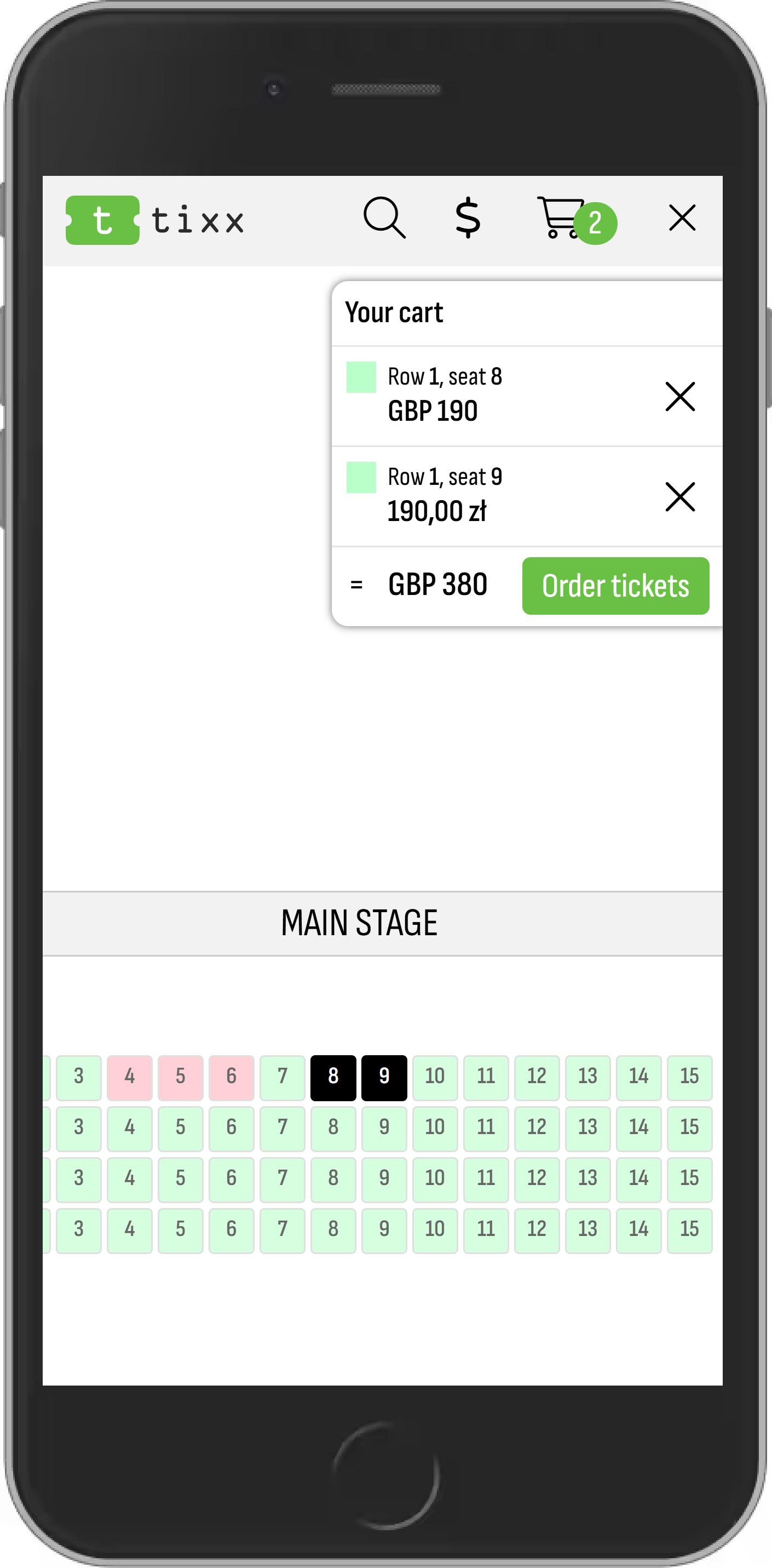 Tixx mobile checkout — seats and cart