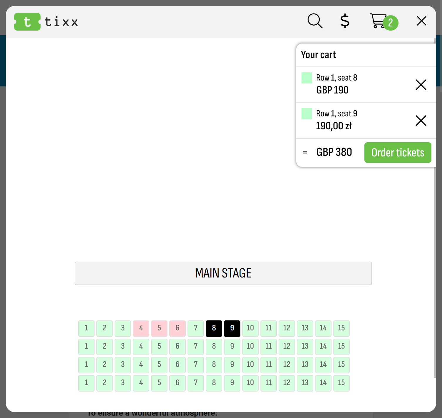 Numbered seating chart in Tixx